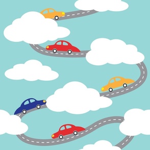 Cars on sky road among the clouds pattern for kids