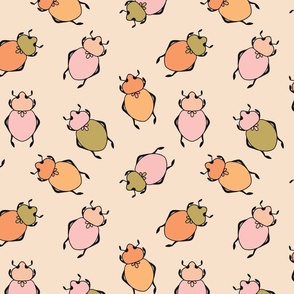 Fun modern forest insect beetles in apricot, olive and pink on honey