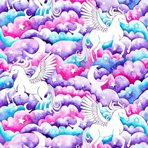 Pegasus in Dreamy Watercolor Clouds