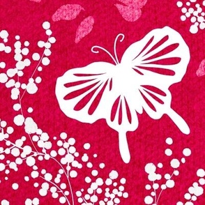 Birds, butterflies and berries with pink petals on a red textured background