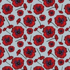 Deep Red Oriental Poppies on Antique Blue