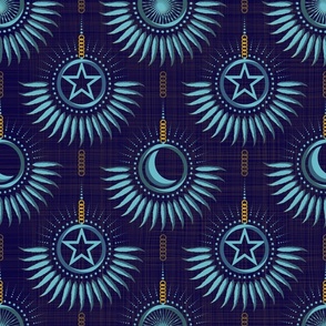 Celestial Night Time Dreamscape, Moon and Stars Dreamcatcher, Midnight Blue and Gold (Large Scale)