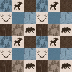 3” blue, brown, moose and bear patchwork .