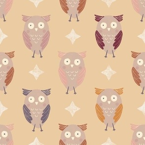 Little Woodland Owls,  Pink , Brown and Orange Owls on Warm Sand Brown Cozy Cottage Collection 