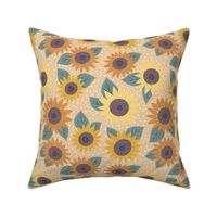 Cottage Sunflowers Yellow and Orange Sunflowers on Warm Sand Brown Cozy Cottage Collection
