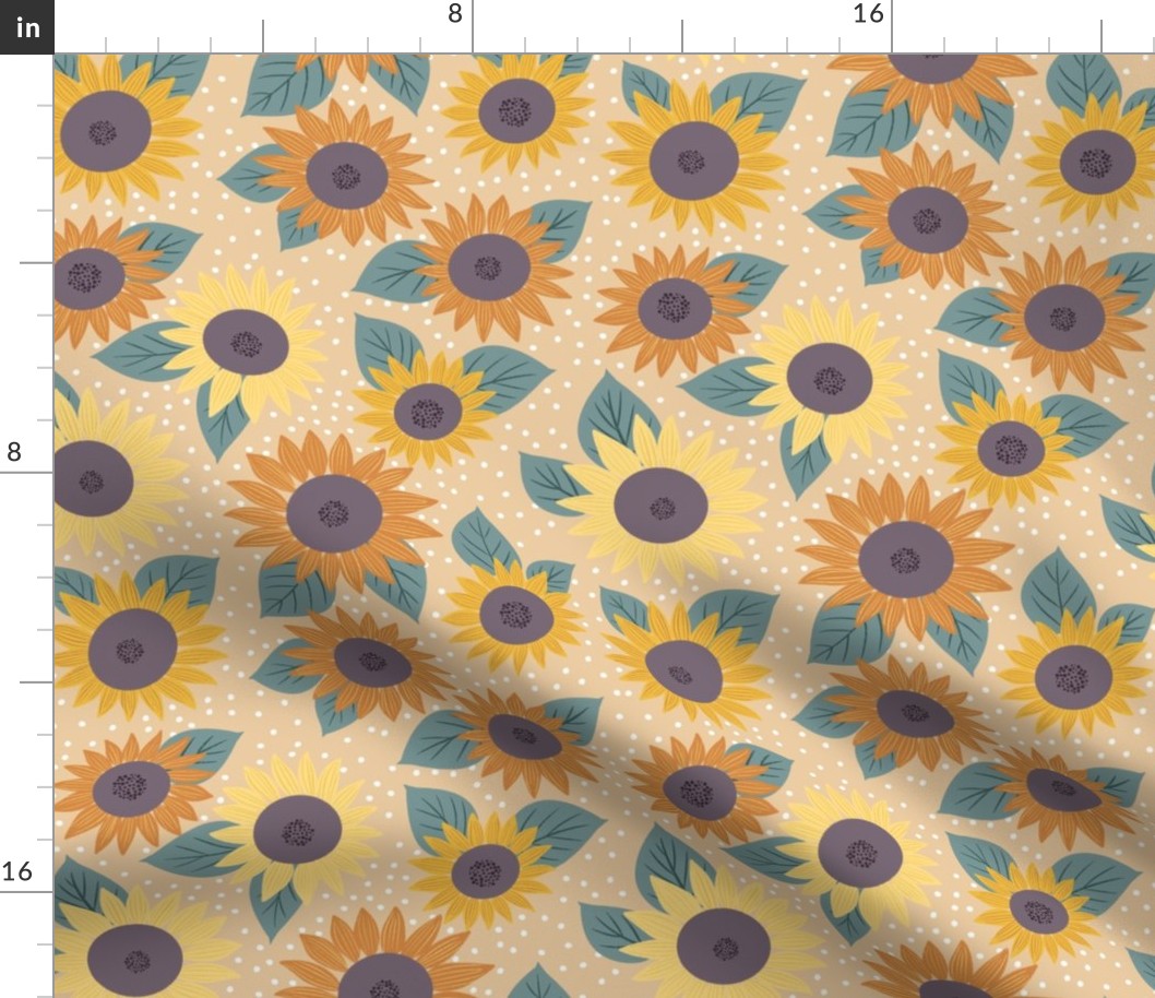 Cottage Sunflowers Yellow and Orange Sunflowers on Warm Sand Brown Cozy Cottage Collection