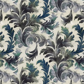 Woven Distressed Antiqued Baroque Old World Blue Green Ombre Gothic Medieval Damask Watercolor