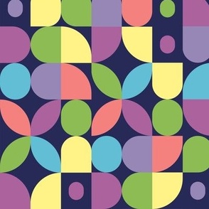 Geometric mosaic modern pattern in spring colors blue green pink yellow and purple 