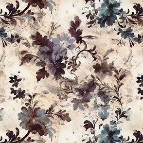 Medieval Floral Distressed Gothic Old World Black Blue Aged Damask Medieval Painted Flowers