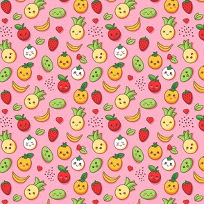 Tropical fruits kawaii, pink background