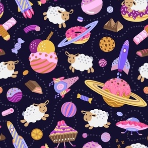 Very sweet dreams - counting sheep dreaming of candies and sweets in space