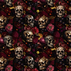 10" Antique Nightfall: A Vintage Floral goth halloween aesthetic wallpaper Pattern with Skulls and Mystical Elements on Black