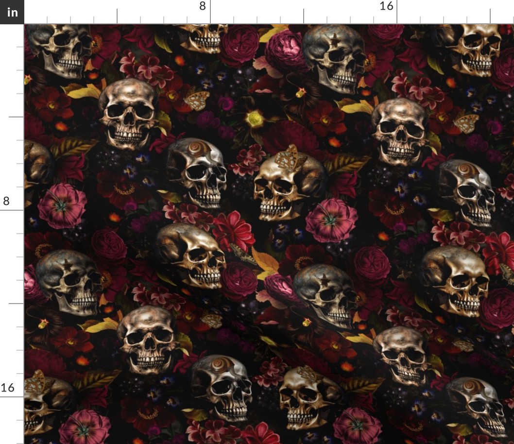 10" Antique Nightfall: A Vintage Floral goth halloween aesthetic wallpaper Pattern with Skulls and Mystical Elements on Black