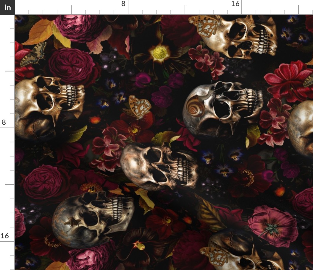 Turned left 18" Antique Nightfall: A Vintage Floral goth halloween aesthetic wallpaper Pattern with Skulls and Mystical Elements on Black