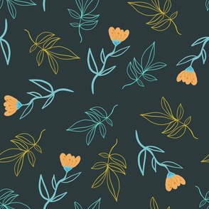 Orange Boho Flower and Leaf Outlines -  Charcoal Background