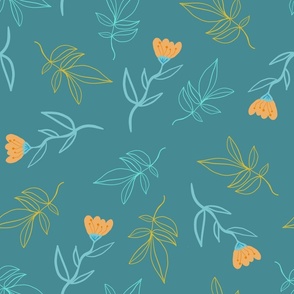 Orange Boho Flower and Leaf Outlines - Turquoise Background