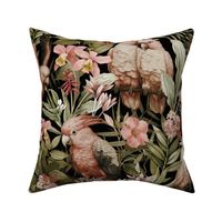Exotic Jungle Beauty:  A Vintage Mysterious Botanical Tropical Pattern Featuring leaves blossoms and pink  colorful Cockatoo birds on a black background sepia