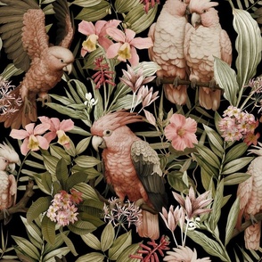 Exotic Jungle Beauty:  A Vintage Mysterious Botanical Tropical Pattern Featuring leaves blossoms and pink  colorful Cockatoo birds on a black background sepia