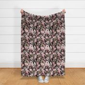 Exotic Jungle Beauty:  A Vintage Mysterious Botanical Tropical Pattern Featuring leaves blossoms and pink  colorful Cockatoo birds on a black background sepia pink