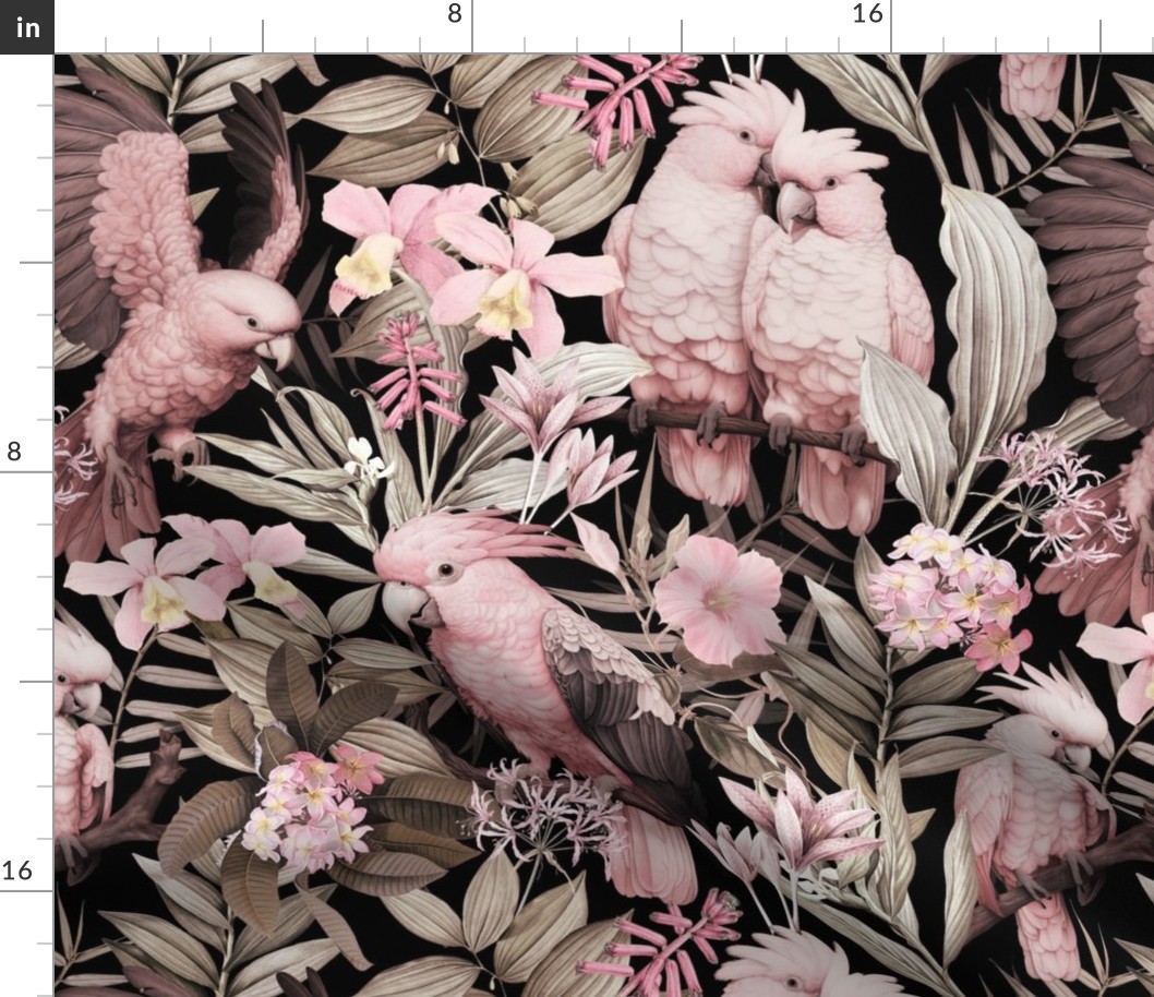 Exotic Jungle Beauty:  A Vintage Mysterious Botanical Tropical Pattern Featuring leaves blossoms and pink  colorful Cockatoo birds on a black background sepia pink