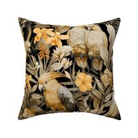 Exotic Jungle Beauty:  A Vintage Mysterious Botanical Tropical Pattern Featuring leaves blossoms and pink  colorful Cockatoo birds on a black background sunny gold