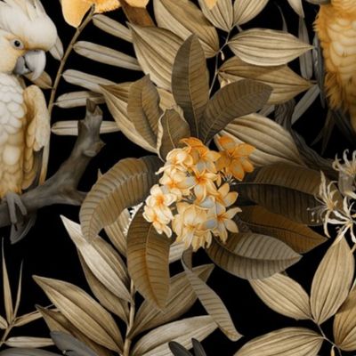 Exotic Jungle Beauty:  A Vintage Mysterious Botanical Tropical Pattern Featuring leaves blossoms and pink  colorful Cockatoo birds on a black background sunny gold