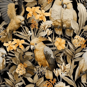 Exotic Jungle Beauty:  A Vintage Mysterious Botanical Tropical Pattern Featuring leaves blossoms and pink  colorful Cockatoo birds on a black background sunny gold