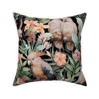 Exotic Jungle Beauty:  A Vintage Mysterious Botanical Tropical Pattern Featuring leaves blossoms and peach colorful Cockatoo birds on a black background - peach/black