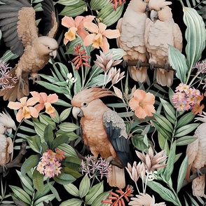 Exotic Jungle Beauty:  A Vintage Mysterious Botanical Tropical Pattern Featuring leaves blossoms and peach colorful Cockatoo birds on a black background - peach/black