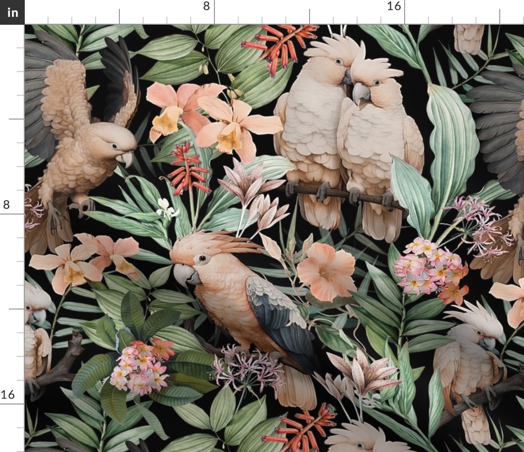 Exotic Jungle Beauty:  A Vintage Mysterious Botanical Tropical Pattern Featuring leaves blossoms and peach colorful Cockatoo birds on a black background - peach/black