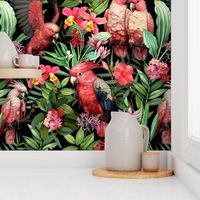 Exotic Jungle Beauty:  A Vintage Mysterious Botanical Tropical Pattern Featuring leaves blossoms and pink  colorful Cockatoo birds on a black background colorful