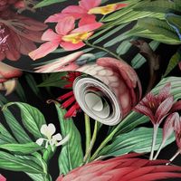 Exotic Jungle Beauty:  A Vintage Mysterious Botanical Tropical Pattern Featuring leaves blossoms and pink  colorful Cockatoo birds on a black background colorful