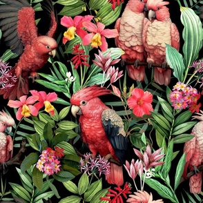 Exotic Jungle Beauty:  A Vintage Mysterious Botanical Tropical Pattern Featuring leaves blossoms and pink  colorful Cockatoo birds on a black background colorful