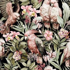 Exotic Jungle Beauty:  A Vintage Mysterious Botanical Tropical Pattern Featuring leaves blossoms and pink  colorful Cockatoo birds on a black background sepia