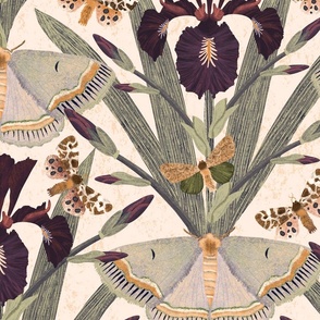 Dreamy Dutch Iris & Moths - dark purple, gold, green, sage, mint rust botanical vintage illustration damask | jumbo