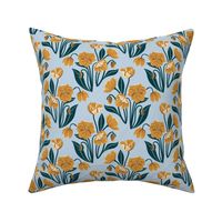 Vintage Poppy Garden // Medium // Marigold Yellow on Blue Mist