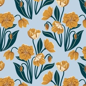 Vintage Poppy Garden // Medium // Marigold Yellow on Blue Mist