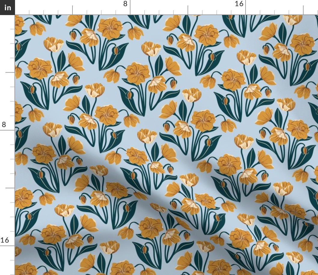 Vintage Poppy Garden // Medium // Marigold Yellow on Blue Mist