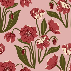 Vintage Poppy Garden // Extra Large // Soft Cherry Red on Pink Rose 