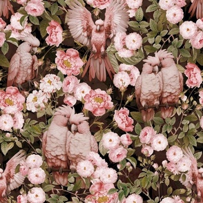 Exotic Jungle Beauty:  A Vintage Mysterious Botanical Pattern Featuring Redouté Roses and pink colorful Cockatoo birds on a black background  - sepia 