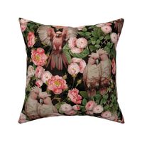 Exotic Jungle Beauty:  A Vintage Mysterious Botanical Pattern Featuring Redouté Roses and pink colorful Cockatoo birds on a black background 