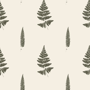 Big scale | Minimalistic forest fern leaves with fronds and leafy blades, modern Scandinavian botanical true to nature fern pattern in half drop repeat in dark green on eggshell white solid background