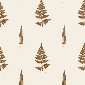 Big scale | Minimalistic forest fern leaves with fronds and leafy blades, modern Scandinavian botanical true to nature fern pattern in half drop repeat in caramel brown on off-white beige solid background