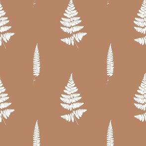 Big scale | Minimalistic forest fern leaves with fronds and leafy blades, modern Scandinavian botanical true to nature fern pattern in half drop repeat in pure white on rusty terracotta orange solid background