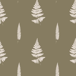 Big scale | Minimalistic forest fern leaves with fronds and leafy blades, modern Scandinavian botanical true to nature fern pattern in half drop repeat in off-white on sage green solid background