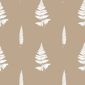 Big scale | Minimalistic forest fern leaves with fronds and leafy blades, modern Scandinavian botanical true to nature fern pattern in half drop repeat in pure white on sand beige solid background