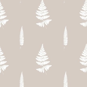 Big scale | Minimalistic forest fern leaves with fronds and leafy blades, modern Scandinavian botanical true to nature fern pattern in half drop repeat in pure white on light taupe grey solid background