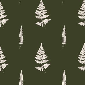 Big scale | Minimalistic forest fern leaves with fronds and leafy blades, modern Scandinavian botanical true to nature fern pattern in half drop repeat in off-white on dark green solid background