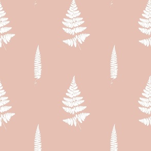 Big scale | Minimalistic forest fern leaves with fronds and leafy blades, modern Scandinavian botanical true to nature fern pattern in half drop repeat in pure white on blush pink rose solid background