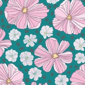 Cosmos light pink and white on teal - Large scale